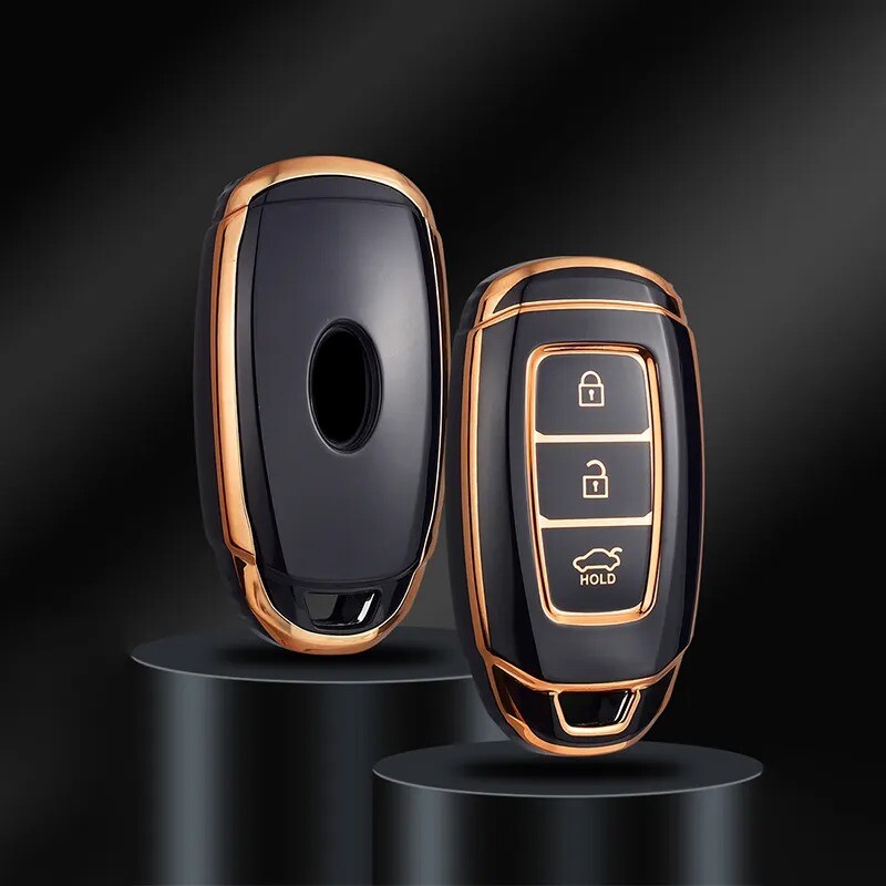 Autoschlüssel Hülle kompatibel mit Hyundai 3-Tasten Autoschlüssel Keyless Go - Schlüsselhülle Silikon Cover Schwarz