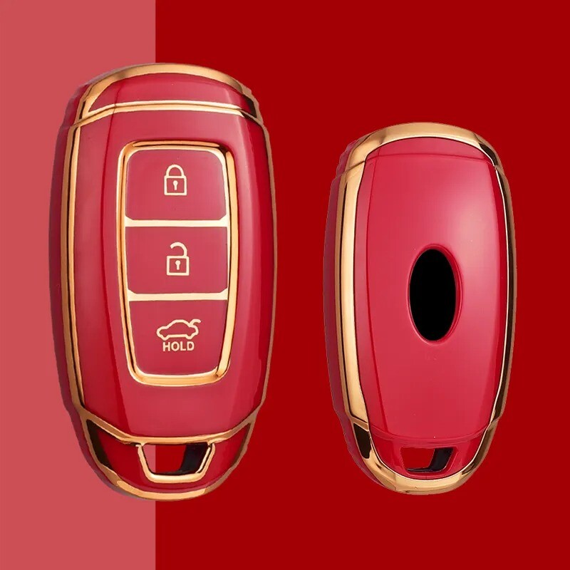 Autoschlüssel Hülle kompatibel mit Hyundai 3-Tasten Autoschlüssel Keyless Go - Schlüsselhülle Silikon Cover Rot