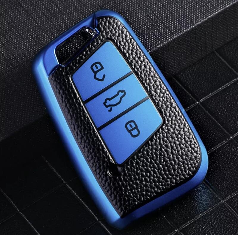 Leder Hülle  für VW Magotan Passat B8 CC MK2 Jetta Skoda Superb A7 Kodiaq Etui 3 Tasten Blau